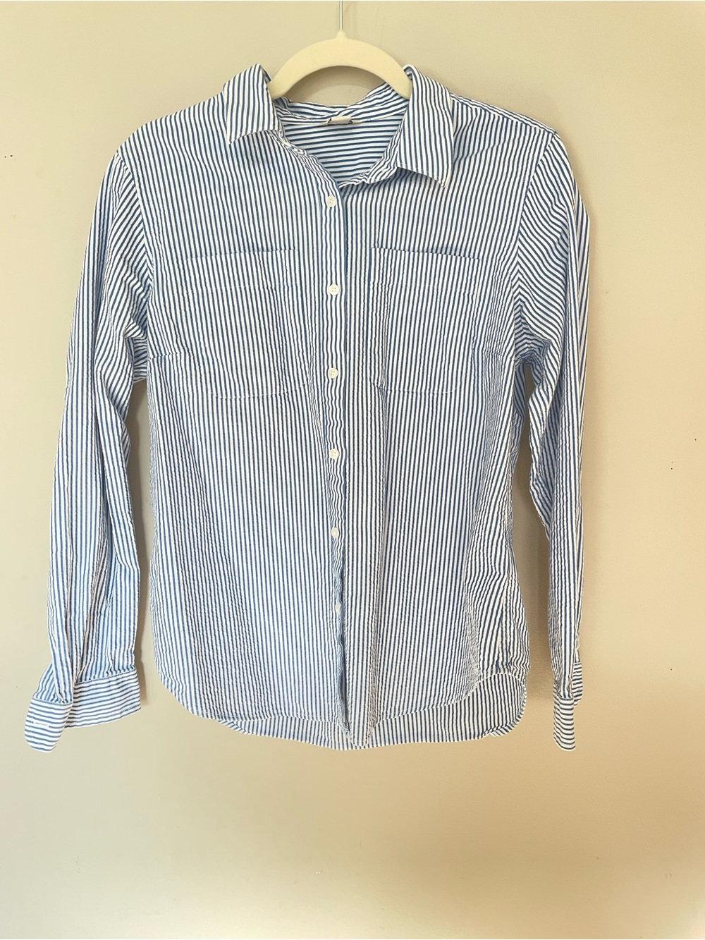 L.L. Bean Blue and White Striped Women's Button-Down Shirt